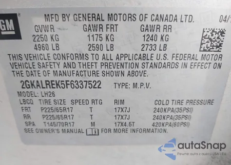 2015 GMC Terrain Sle-2 из США, поврежденный, VIN 2GKALREK5F6337522